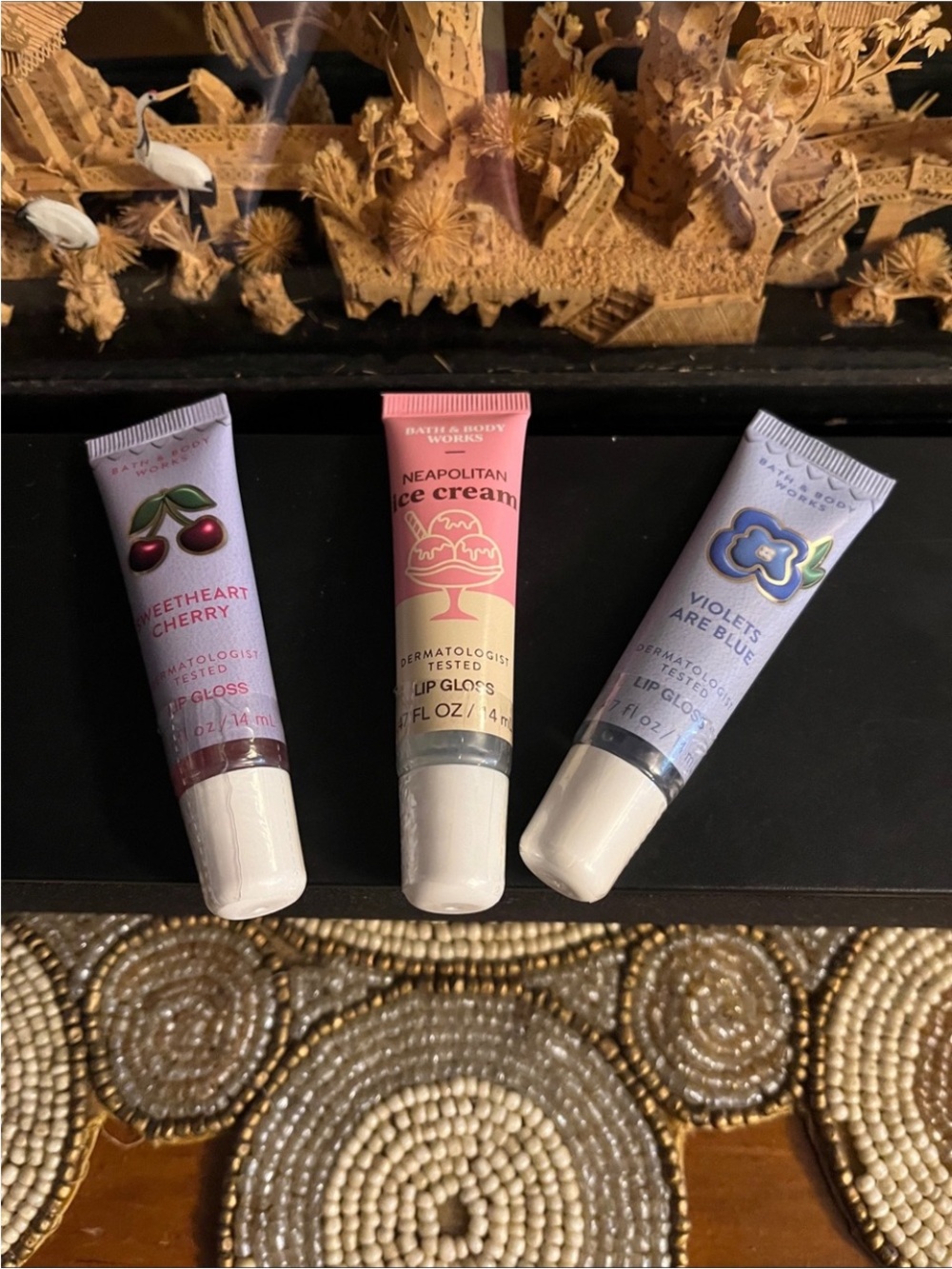 Three Bath & Body Works scented lip gloss tubes. Sweetheart Cherry, Neapolitan I